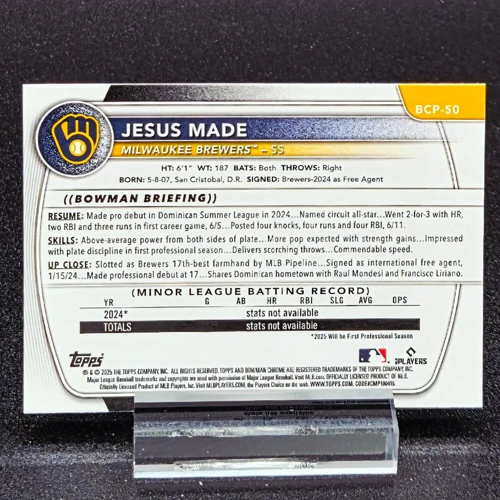 2025 Jesus Made Bowman Chrome Crusade RC's Milwaukee Brewers Top Prospect - Picture 3 of 7